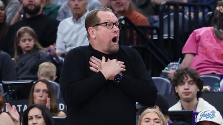 Mar 21, 2026; Salt Lake City, Utah, USA; Philadelphia 76ers head coach Nick Nurse reacts to a no call on a play against the Utah Jazz during the second half at Delta Center. Mandatory Credit: Rob Gray-Imagn Images