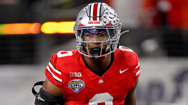 Dec 31, 2025; Arlington, TX, USA; Ohio State Buckeyes linebacker Sonny Styles (0) gets into position during the 2025 Cotton Bowl and quarterfinal game of the College Football Playoff at AT&T Stadium.