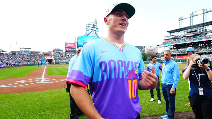 May 23, 2025; Denver, Colorado, USA; Denver Broncos quarterback Bo Nix before the game between the New York Yankees against the Colorado Rockies at Coors Field. 