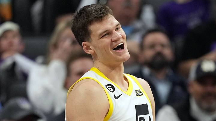 Mar 25, 2023; Sacramento, California, USA; Utah Jazz center Walker Kessler (24) reacts during the fourth quarter against the Sacramento Kings at Golden 1 Center. Mandatory Credit: Darren Yamashita-USA TODAY Sports