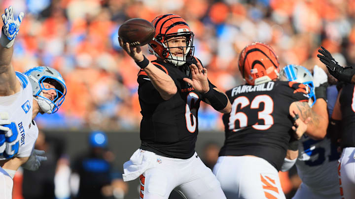 Oct 5, 2025; Cincinnati, Ohio, USA; Cincinnati Bengals quarterback Jake Browning (6) throws during the second quarter against the Detroit Lions at Paycor Stadium. Mandatory Credit: Katie Stratman-Imagn Images