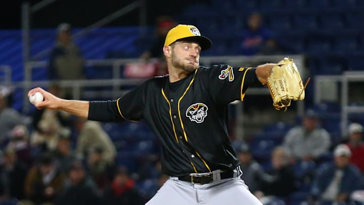 Erie SeaWolves pitcher Blake Holub throws against the Akron RubberDucks at UPMC Park in Erie on June 30, 2023.