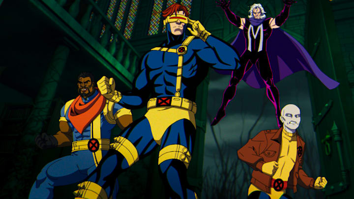 (L-R): Bishop (voiced by Isaac Robinson-Smith), Cyclops (voiced by Ray Chase), Magneto (voiced by Matthew Waterson), and Morph (voiced by JP Karliak) in Marvel Animation's X-MEN '97. (L-R): Bishop (voiced by Isaac Robinson-Smith), Cyclops (voiced by Ray Chase), Magneto (voiced by Matthew Waterson), and Morph (voiced by JP Karliak) in Marvel Animation's X-MEN '97.