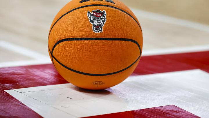 Jan 17, 2026; Raleigh, North Carolina, USA; NC State Wolfpack ball during the second half of the game against the Georgia Tech Yellow Jackets at Lenovo Center. Mandatory Credit: Jaylynn Nash-Imagn Images