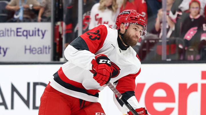 Apr 11, 2026; Salt Lake City, Utah, USA; Carolina Hurricanes left wing Josiah Slavin (23) warms up before a game against the Utah Mammoth at Delta Center. Mandatory Credit: Rob Gray-Imagn Images Apr 11, 2026; Salt Lake City, Utah, USA; Carolina Hurricanes left wing Josiah Slavin (23) warms up before a game against the Utah Mammoth at Delta Center. Mandatory Credit: Rob Gray-Imagn Images
