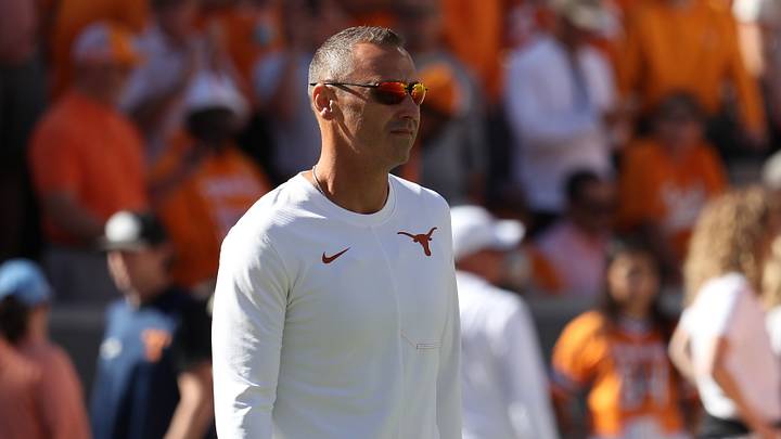Texas Longhorns head coach Steve Sarkisian looks on before the game against the Tennessee Volunteers at Neyland Stadium. Texas Longhorns head coach Steve Sarkisian looks on before the game against the Tennessee Volunteers at Neyland Stadium.