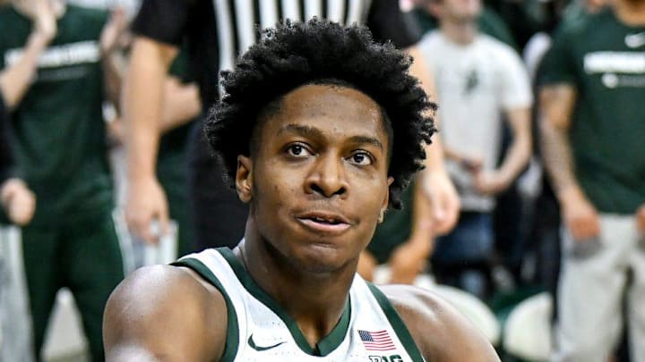 Michigan State's Cam Ward celebrates after scoring and drawing an Indiana foul during the second half on Tuesday, Jan. 13, 2026, at the Breslin Center in East Lansing.