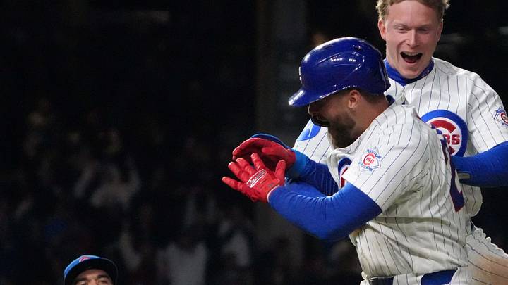 May 5, 2026; Chicago, Illinois, USA; Chicago Cubs first baseman Michael Busch (29) celebrates his walk-off single during the tenth inning against the Cincinnati Reds with center fielder Pete Crow-Armstrong (4)  at Wrigley Field. Mandatory Credit: David Banks-Imagn Images