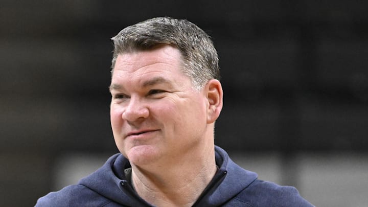 Mar 25, 2026; San Jose, CA, USA; Arizona Wildcats head coach Tommy Lloyd smiles during a practice session ahead of the west regional of the men's 2026 NCAA Tournament at SAP Center. Mandatory Credit: Eakin Howard-Imagn Images
