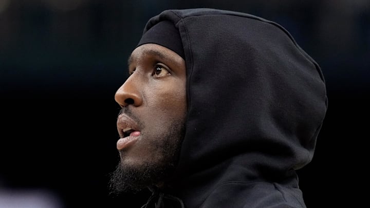 Milwaukee Bucks forward Taurean Prince (12) looks on during warmups prior to the game against the Cleveland Cavaliers at Fiserv Forum on February 25, 2026.