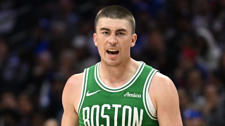 Apr 26, 2026; Philadelphia, Pennsylvania, USA; Boston Celtics guard Payton Pritchard (11) reacts after making a three point basket before the buzzer at the end of the first quarter against the Philadelphia 76ers at Xfinity Mobile Arena. Mandatory Credit: Eric Hartline-Imagn Images