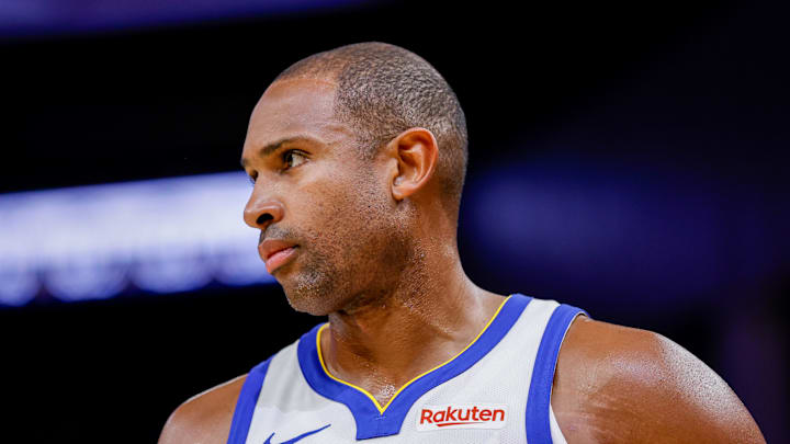 Oct 23, 2025; San Francisco, California, USA; Golden State Warriors center Al Horford (20) reacts against the Denver Nuggets during the fourth quarter at Chase Center. Mandatory Credit: Bob Kupbens-Imagn Images