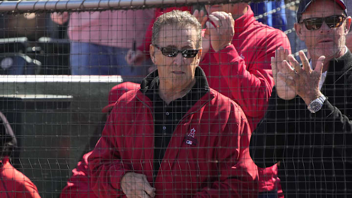 Mar 3, 2023; Tempe, Arizona, USA; Los Angeles Angels owner Arte Moreno is acknowledged by the fans