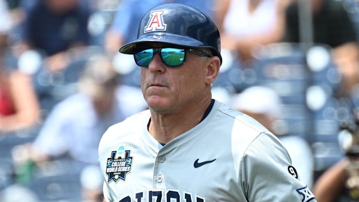 Jun 13, 2025; Omaha, Neb, USA; Arizona Wildcats head coach Chip Hale on the field during the game against the Coastal Carolina Chanticleers at Charles Schwab Field. Mandatory Credit: Steven Branscombe-Imagn Images