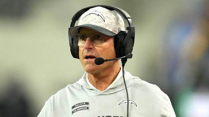 Nov 25, 2024; Inglewood, California, USA; Los Angeles Chargers coach Jim Harbaugh reacts against the Baltimore Ravens in the first half at SoFi Stadium. Mandatory Credit: Kirby Lee-Imagn Images