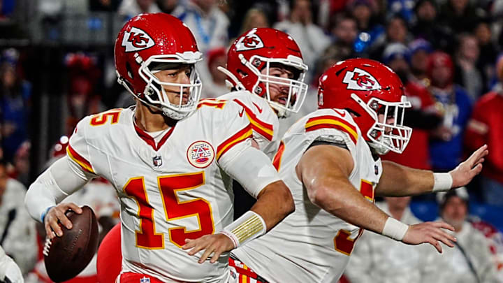 Bills Greg Rousseau follows Kansas City quarterback Patrick Mahomes while the offensive line tries to keep Rousseau away from Mahomes during second half action against the Kansas City Chiefs in Orchard Park, Nov.17, 2024. Bills Greg Rousseau follows Kansas City quarterback Patrick Mahomes while the offensive line tries to keep Rousseau away from Mahomes during second half action against the Kansas City Chiefs in Orchard Park, Nov.17, 2024.