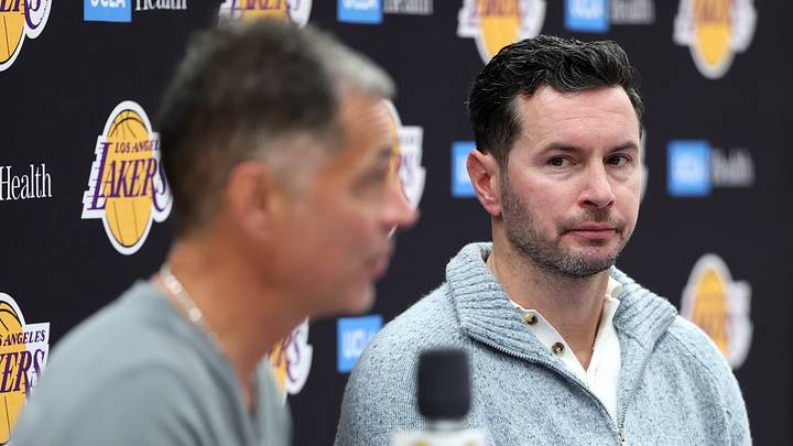 General Manager Rob Pelinka and head coach JJ Redick of the Los Angeles Lakers. (Photo by Luke Hales/Getty Images)