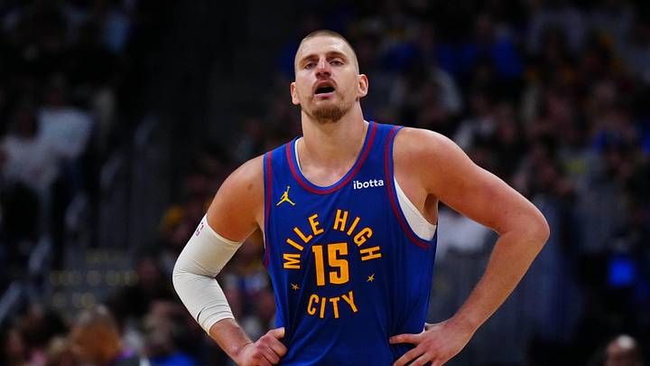 Apr 20, 2026; Denver, Colorado, USA; Denver Nuggets center Nikola Jokic (15) reacts in the second half against the Minnesota Timberwolves during game two of the first round of the 2026 NBA Playoffs at Ball Arena. Apr 20, 2026; Denver, Colorado, USA; Denver Nuggets center Nikola Jokic (15) reacts in the second half against the Minnesota Timberwolves during game two of the first round of the 2026 NBA Playoffs at Ball Arena.