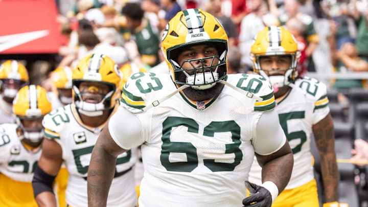 Oct 19, 2025; Glendale, Arizona, USA; Green Bay Packers tackle Rasheed Walker (63) against the Arizona Cardinals at State Farm Stadium. Mandatory Credit: Mark J. Rebilas-Imagn Images Oct 19, 2025; Glendale, Arizona, USA; Green Bay Packers tackle Rasheed Walker (63) against the Arizona Cardinals at State Farm Stadium. Mandatory Credit: Mark J. Rebilas-Imagn Images