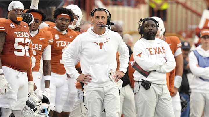 Texas Longhorns head coach Steve Sarkisian observes the second half against the Vanderbilt Commodores at Darrell K Royal-Texas Memorial Stadium.