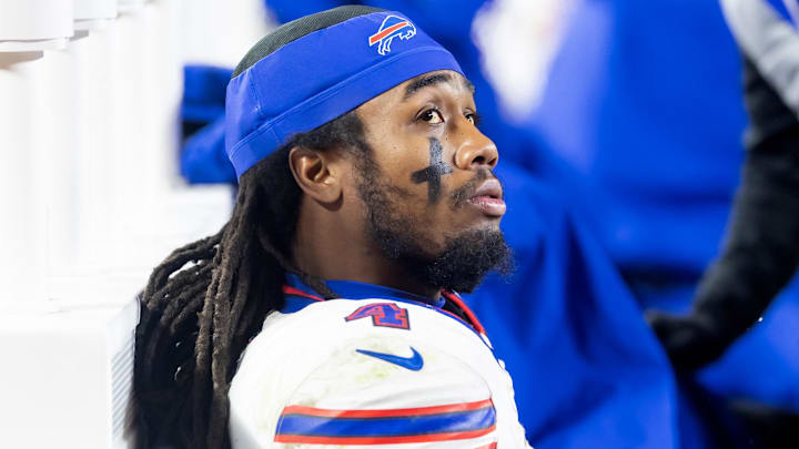 Jan 26, 2025; Kansas City, MO, USA; Buffalo Bills running back James Cook (4) reacts in the closing minutes of the game against the Kansas City Chiefs during the AFC Championship game at GEHA Field at Arrowhead Stadium. Mandatory Credit: Mark J. Rebilas-Imagn Images