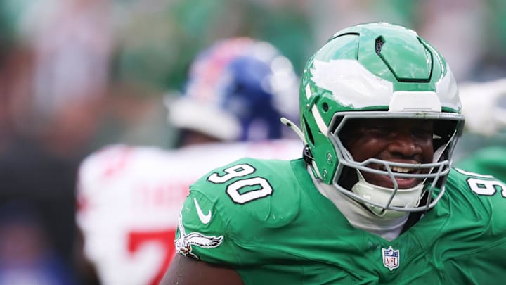 Philadelphia Eagles defensive tackle Jordan Davis reacts after a defensive stop against the New York Giants.