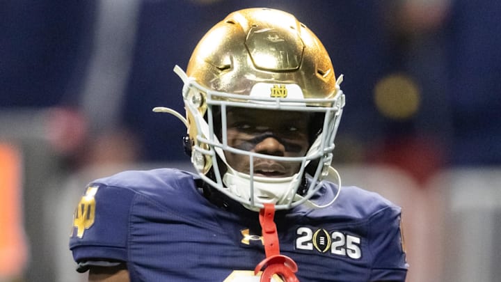 Jan 20, 2025; Atlanta, GA, USA; Notre Dame Fighting Irish safety Adon Shuler (8) against the Ohio State Buckeyes during the CFP National Championship college football game at Mercedes-Benz Stadium. 