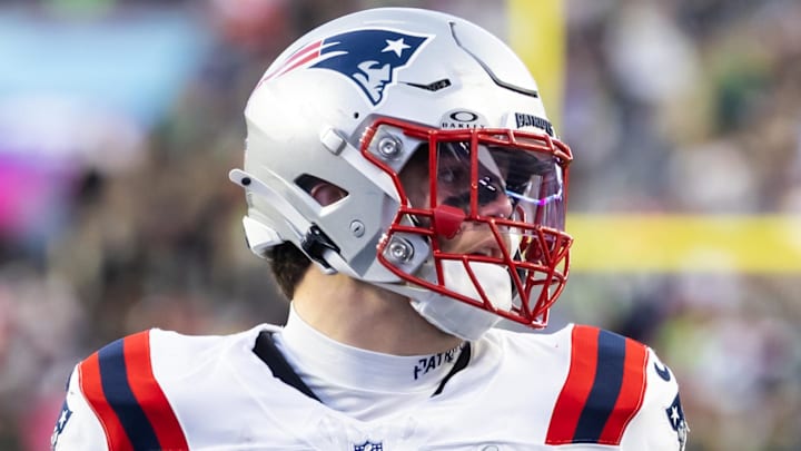 Feb 8, 2026; Santa Clara, CA, USA; New England Patriots offensive tackle Will Campbell (66) against the Seattle Seahawks during Super Bowl LX at Levi's Stadium. Mandatory Credit: Mark J. Rebilas-Imagn Images