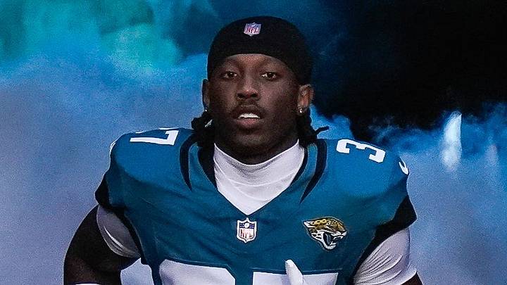 Jacksonville Jaguars cornerback Jabbar Muhammad (37)  runs out of the tunnel while being introduced before the game against the Carolina Panthers at EverBank Stadium in the second preseason game on Friday night, August 21, 2026 in Jacksonville, Fla.
