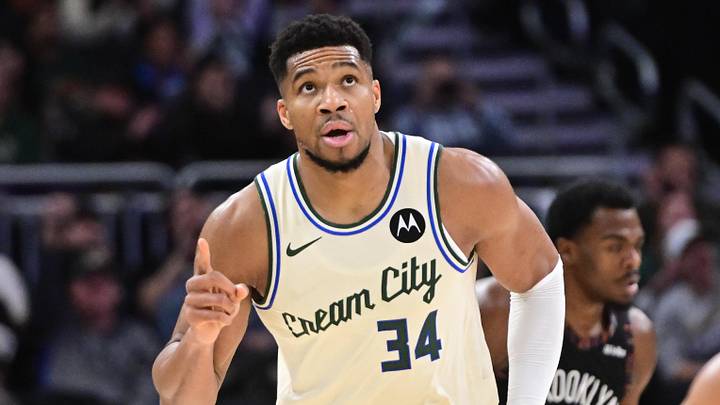 Nov 29, 2025; Milwaukee, Wisconsin, USA; Milwaukee Bucks forward Giannis Antetokounmpo (34) reacts after scoring his 21,000th career point in the third quarter against the Brooklyn Nets at Fiserv Forum. Mandatory Credit: Benny Sieu-Imagn Images