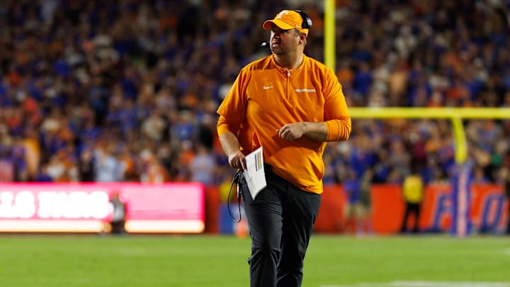 Nov 22, 2025; Gainesville, Florida, USA; Tennessee Volunteers head coach Josh Heupel looks on against the Florida Gators during the first half at Ben Hill Griffin Stadium.