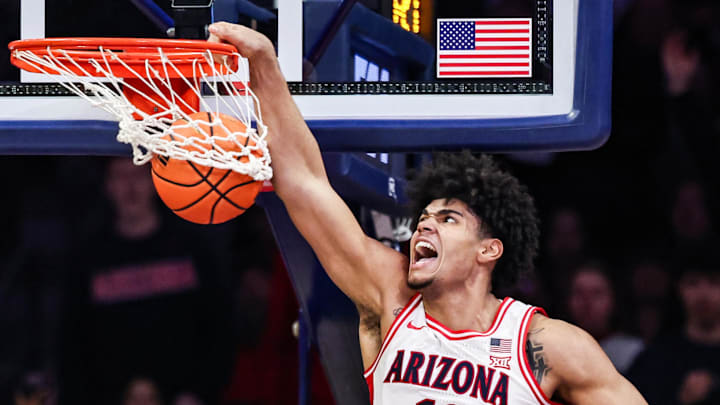 Jan 7, 2026; Tucson, Arizona, USA; Arizona Wildcats forward Koa Peat (10) dunks the ball during the first half of the game against the Kansas State Wildcats at McKale Memorial Center. Mandatory Credit: Aryanna Frank-Imagn Images
