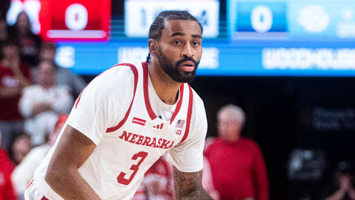 Dec 30, 2024; Lincoln, Nebraska, USA; Nebraska Cornhuskers guard Brice Williams (3) dribbles against Southern University Jaguars guard Jordan Johnson (11) during the first half at Pinnacle Bank Arena. Mandatory Credit: Dylan Widger-Imagn Images