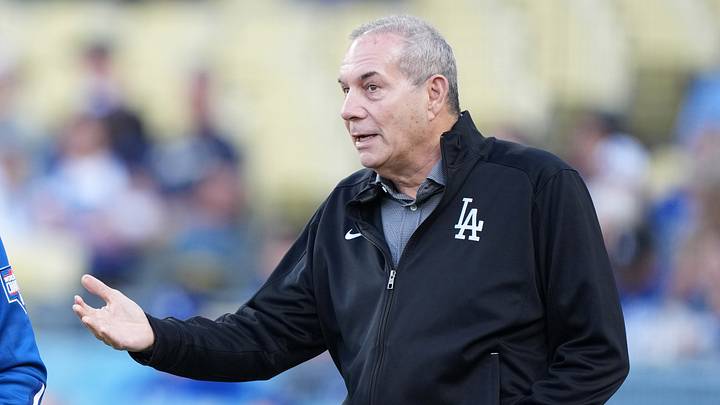 Apr 29, 2025; Los Angeles, California, USA; Los Angeles Dodgers president Stan Kasten (left) and executive vice president Lon Rosen before a game against the Miami Marlins at Dodger Stadium. Mandatory Credit: Kirby Lee-Imagn Images