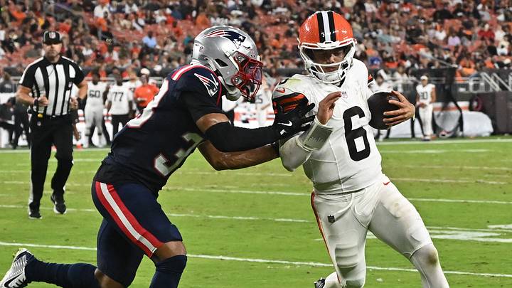 Aug 27, 2026; Cleveland, Ohio, USA;  Cleveland Browns quarterback Dillon Gabriel (6) runs the ball against the New England Patriots during the first half at Huntington Bank Field.  Mandatory Credit: Ken Blaze-Imagn Images