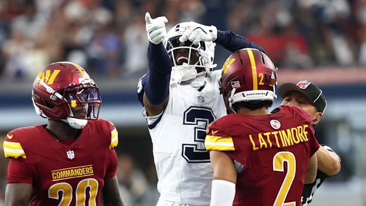 Dallas Cowboys wide receiver George Pickens celebrates after a big play in front of Washington Commanders cornerback Marcus Lattimore Dallas Cowboys wide receiver George Pickens celebrates after a big play in front of Washington Commanders cornerback Marcus Lattimore