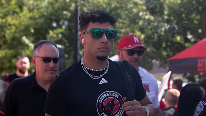Nebraska Cornhuskers quarterback Dylan Raiola arrives before the start of the game against Michigan State at Memorial Stadium.