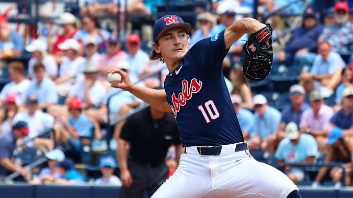 Jun 1, 2025; Oxford, MS, USA; Mississippi Rebels starting pitcher Cade Townsend (10) pitches during the first inning against the Georgia Tech Yellowjackets. Mandatory Credit: Petre Thomas-Imagn Images