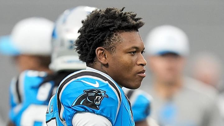 Aug 2, 2025; Charlottle, NC, USA; Carolina Panthers wide receiver Jimmy Horn Jr. (15) during Fanfest at Bank of America Stadium. Mandatory Credit: Jim Dedmon-Imagn Images