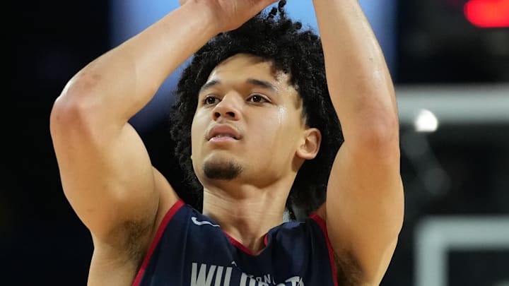 Apr 3, 2026; Indianapolis, IN, USA; Arizona Wildcats guard Brayden Burries (5) shoots the ball during a practice session ahead of the Final Four of the men's 2026 NCAA Tournament at Lucas Oil Stadium. Mandatory Credit: Bob Donnan-Imagn Images