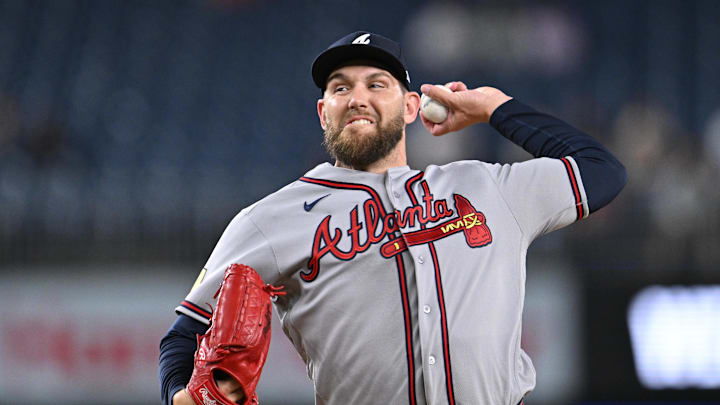 Apr 22, 2026; Washington, District of Columbia, USA;  Atlanta Braves pitcher Dylan Lee (52) pitches against the Washington Nationals at Nationals Park. Mandatory Credit: Jamie Sabau-Imagn Images