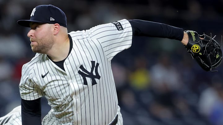 Sep 25, 2025; Bronx, New York, USA; New York Yankees relief pitcher David Bednar (53) follows through on a pitch against the Chicago White Sox during the ninth inning at Yankee Stadium. Mandatory Credit: Brad Penner-Imagn Images