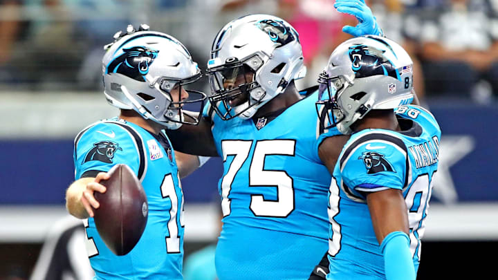 Oct 3, 2021; Arlington, Texas, USA; Carolina Panthers quarterback Sam Darnold (14) celebrates with