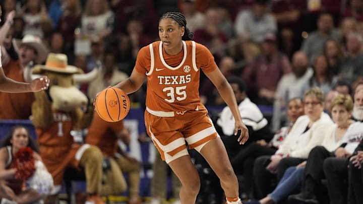 Mar 8, 2026; Greenville, SC, USA; Texas Longhorns forward Madison Booker (35) handles the ball against the South Carolina Gamecocks during the first half at Bon Secours Wellness Arena. Mandatory Credit: Jim Dedmon-Imagn Images
