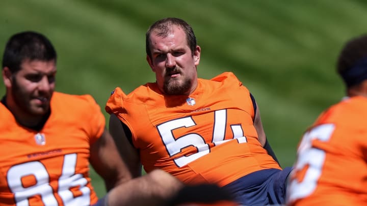 Denver Broncos center Alex Forsyth (54) during organized team activities at Centura Health Training Center. 