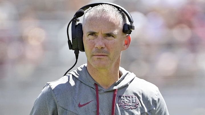 Sep 14, 2024; Tallahassee, Florida, USA; Florida State Seminoles head coach Mike Norvell looks on during the first half against the Memphis Tigers at Doak S. Campbell Stadium. Mandatory Credit: Melina Myers-Imagn Images