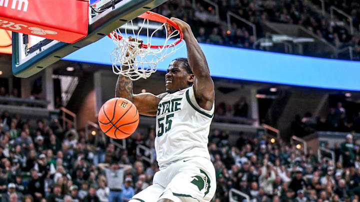 Michigan State's Coen Carr dunks against Colgate during the second half on Monday, Nov. 3, 2025, at the Breslin Center in East Lansing. Michigan State's Coen Carr dunks against Colgate during the second half on Monday, Nov. 3, 2025, at the Breslin Center in East Lansing.