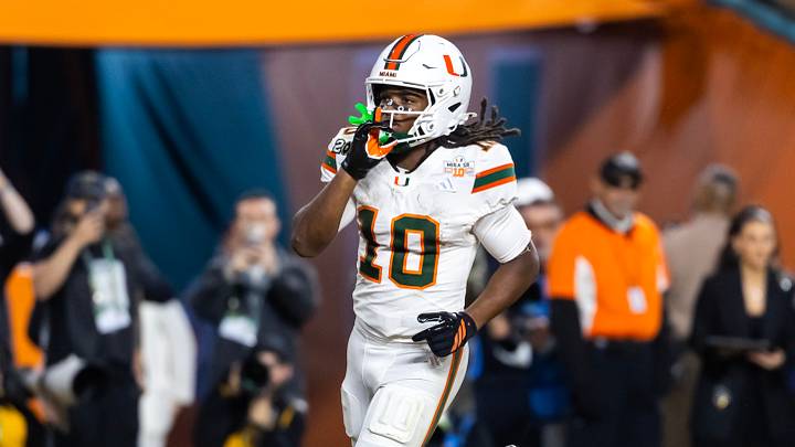Jan 19, 2026; Miami Gardens, FL, USA; Miami Hurricanes wide receiver Malachi Toney (10) celebrates after scoring a touchdown against the Indiana Hoosiers during the College Football Playoff National Championship game at Hard Rock Stadium. Mandatory Credit: Mark J. Rebilas-Imagn Images Jan 19, 2026; Miami Gardens, FL, USA; Miami Hurricanes wide receiver Malachi Toney (10) celebrates after scoring a touchdown against the Indiana Hoosiers during the College Football Playoff National Championship game at Hard Rock Stadium. Mandatory Credit: Mark J. Rebilas-Imagn Images