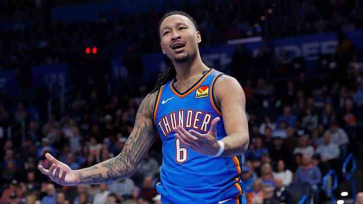 Jan 27, 2026; Oklahoma City, Oklahoma, USA; Oklahoma City Thunder forward Jaylin Williams (6) reacts to an officials call after a play against the New Orleans Pelicans during the second half at Paycom Center. Mandatory Credit: Alonzo Adams-Imagn Images