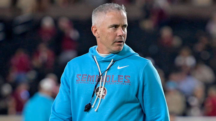 Nov 1, 2025; Tallahassee, Florida, USA; Florida State Seminoles head coach Mike Norvell walks on the field before the game against the Wake Forest Demon Deacons at Doak S. Campbell Stadium. Mandatory Credit: Melina Myers-Imagn Images